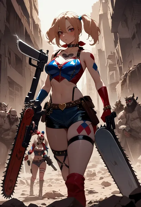 a cute woman {role of Harley Quinn, wasteland sexy armor with badly drawn on hearts and messages, chainsaw, pistol) is in a post apocalypse world, she is raiding along side a tribe of orcs (savages painted like the Joker and wielding big scary weapons. Rai...