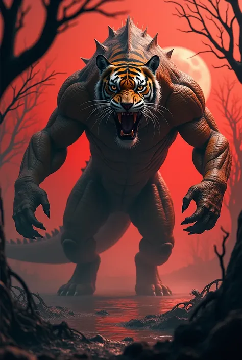 "Create an image of a monstrous hybrid creature that combines the most distinctive features of a Bengal tiger and a Nile crocodile into a single, terrifying entity. This hybrid should look powerful and dangerous, with a seamless blend of the tigers muscula...