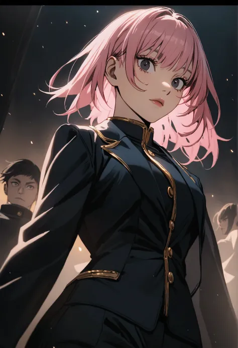 
Girl with pink hair and black eyes in a dark blue suit with gold buttons and dark blue Jujutsu Kaisen style pants