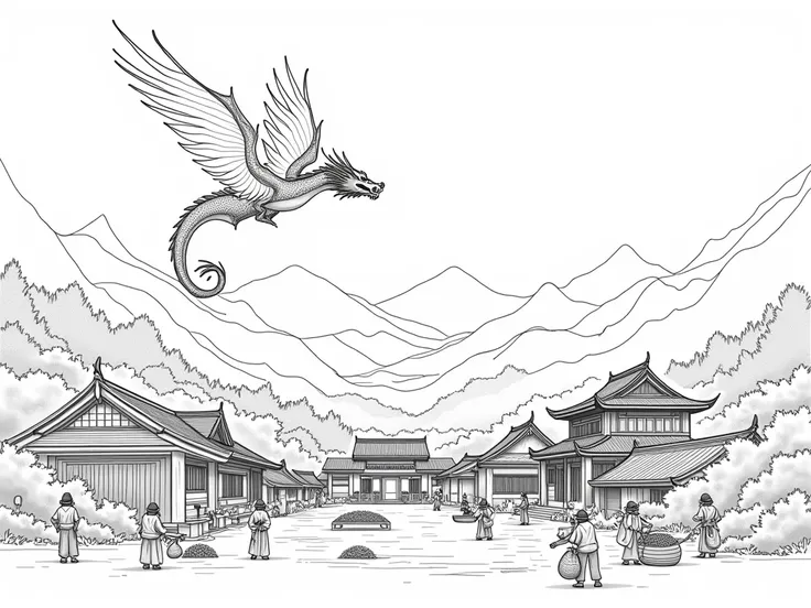 Village vistas ，Chinese ringed dragon， working villagers，Line Drawing