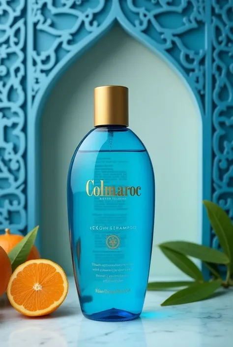 An argan shampoo in a round and long package, very youthful, transparent blue from the brand Colmaroc, gold letters and Moroccan touch, back on the wall, a Moorish blue border.