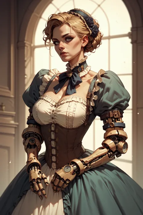 A busty curvy athletic steampunk cyborg woman with a Victorian hairstyle