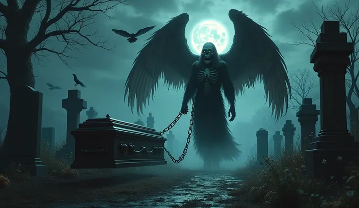 image of a skull-shaped angel of death pulling a coffin using a chain in the middle of a cemetery with a horror and dark night feel