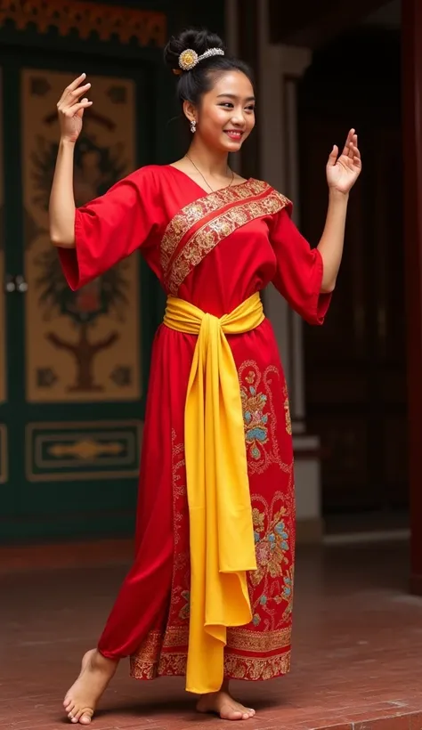 a beautiful young woman with a Sundanese Indonesian face, 26 years old, smiling, wearing a traditional Indonesian kebaya, red and wearing a yellow scarf tied around her waist, like a jaipong dancer, her hair in a bun, wearing hair accessories, her hands ar...