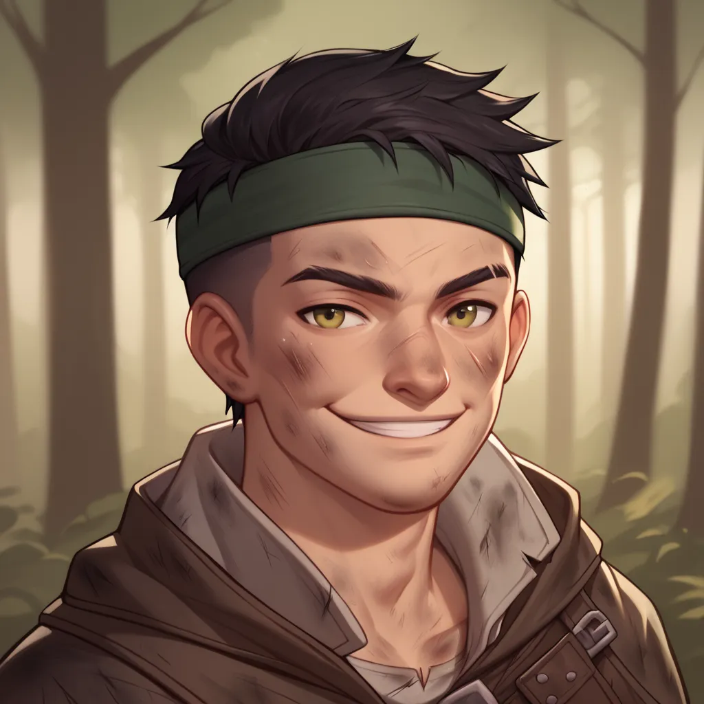 (((beautiful, high quality, detailed face))), score_9, score_8_up, score_7_up, BREAK, male adventurer, RPG rogue, lanky, gangly, slender, Nose bridge, Big nose, (dark hair:1.3), buzz cut, headband, fresh cuts, bruises, dirty clothes, bandoleer, pockets, lo...