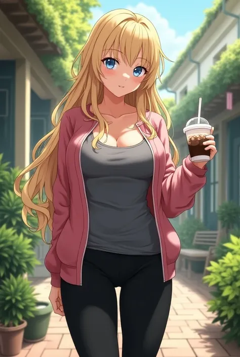 2.5D Masterpiece Anime. A 20-year-old college girl with long, wavy blonde hair. Blue eyes. Shes wearing an open pink jacket, a tight gray tank top, and black leggings. Shes holding a Frappe in one hand. In a college courtyard. 32D breasts, curvy figure. Sm...