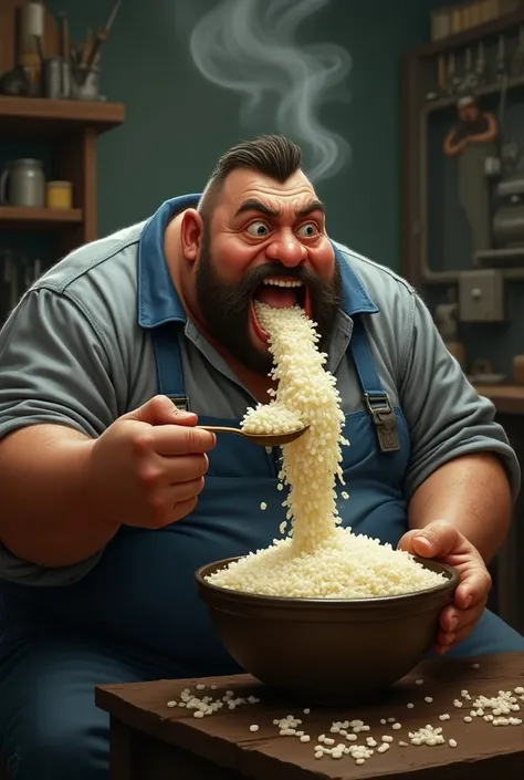 The big-bellied blue overhaul mechanic eats an enormous bowl of rice