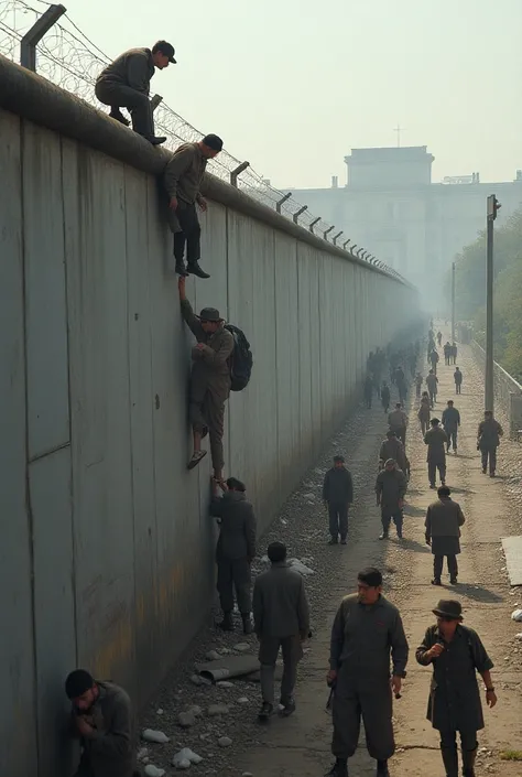 creates a creative image of people trying to cross or cross the Berlin Wall in the 80s`