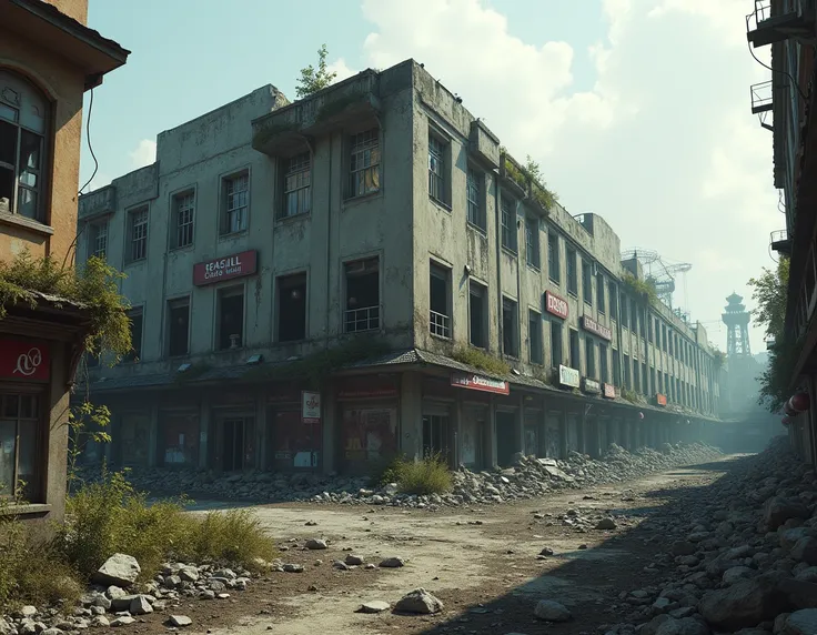 Shopping mall from outside in a destroyed city, in ruins, with rubble all around