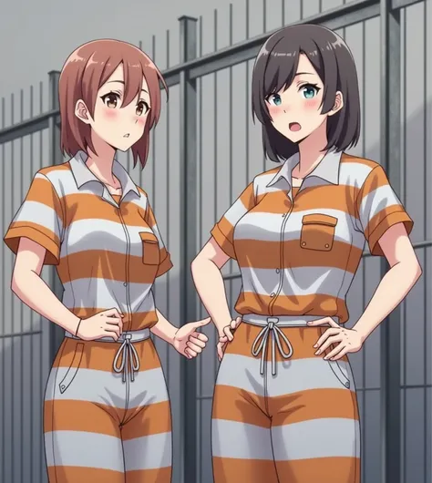   prison girls ,   prison uniform,  orange uniform ,   Talking