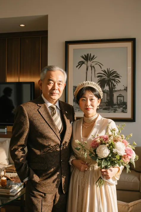 A 65-year-old Singaporean couple took a photo in the living room of a luxury villa in Los Angeles. The lady held a bouquet of flowers in her left hand. They were wearing high-end and stylish clothes. 8K. Ultra-high resolution. Ultra-details.