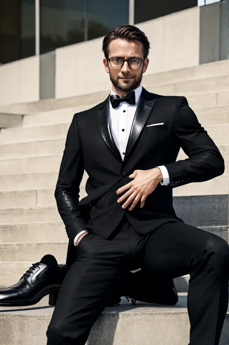 30 years old，handsome german man with glasses、 black suit 、 black tie 、black socks，black leather shoes，the man's crotch hurts a ...