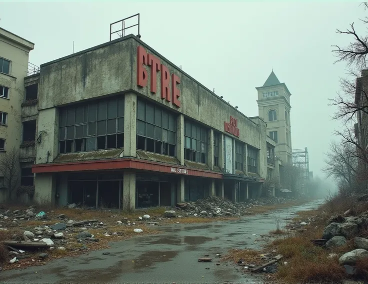 Shopping mall building from outside in a destroyed, ruined city with debris all around