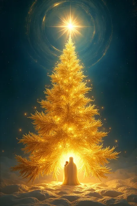 "Golden Christmas tree with the birth of the golden Jesus in an abstract night landscape"