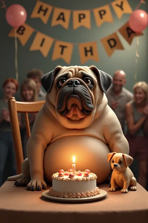 realistic dog,gordo,obese, with his eyes bigger than normal , he looks sad , and as if he wanted to ask for something just with the look ,He is sitting on a chair , in front of you a birthday cake with a candle on top ,Next to you is a sad puppy  , in the ...