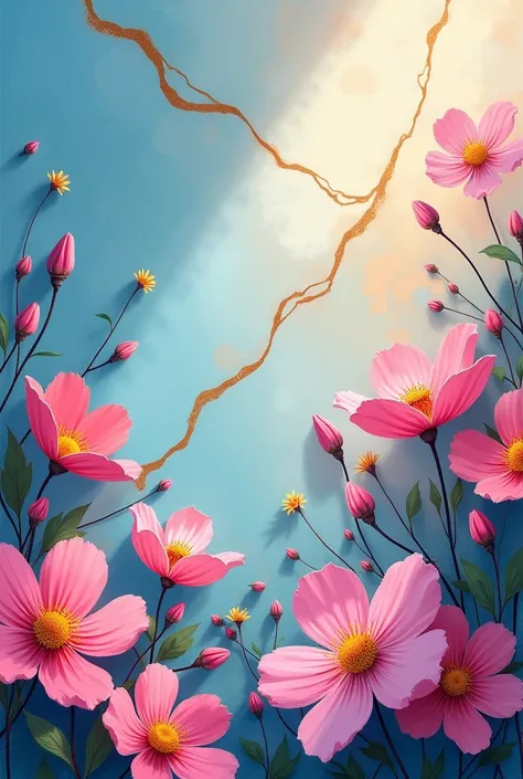  Realistic flowers in paint ,  in bright pastel tones with a light behind the paint, In the background you can see a vibrant light blue marble with white and dramatic golden veins.
