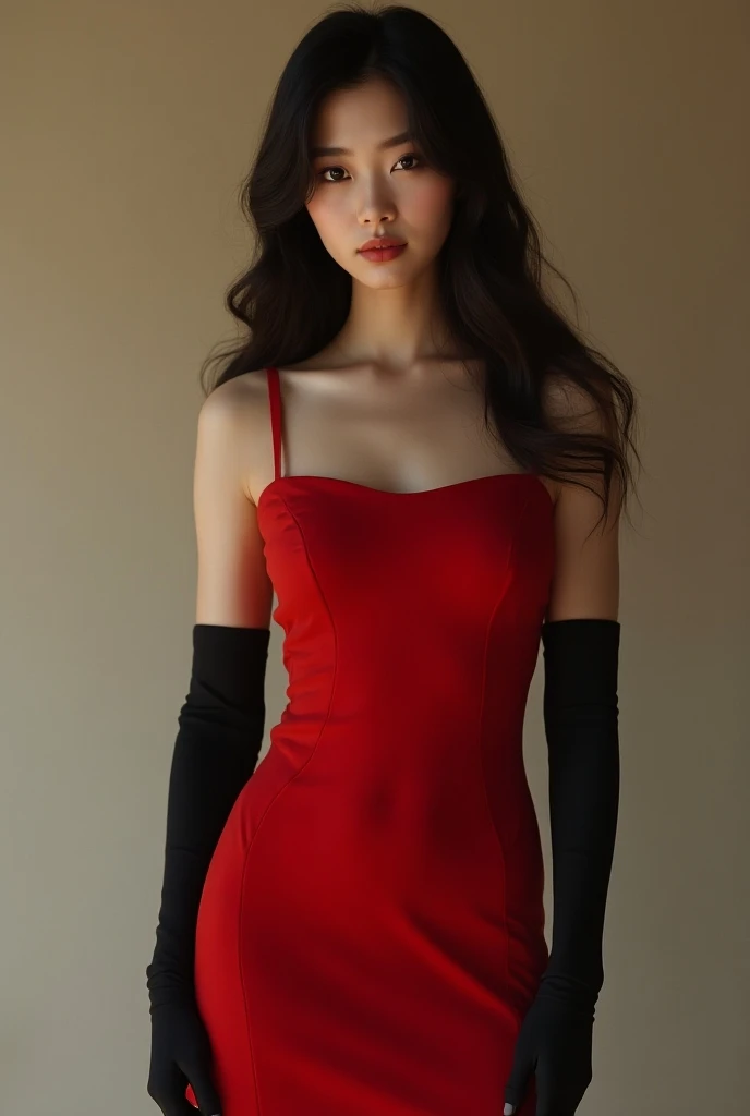 A Japanese beautiful girl wearing long tight red dress and long black gloves