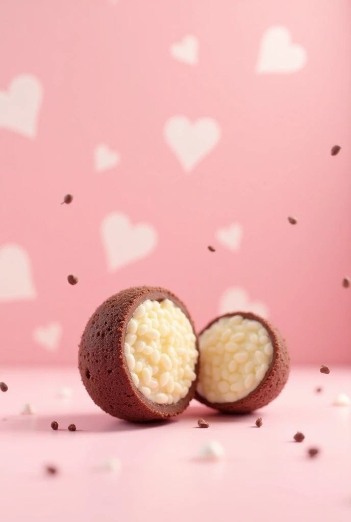 A very creamy little kiss brigadeiro cut around it in half with a pink background filled with white hearts 