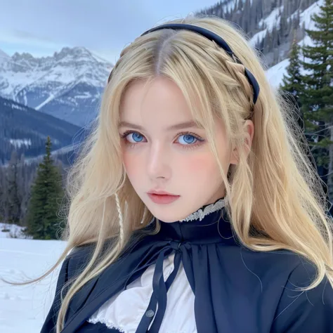  Pretty woman,cute,huge natural breasts, blonde hair curly/flowing, detailed dark BLUE eyes and face, not to skinny, make it ultra-realistic, western european girl, in the snow in the mountains, ripped off nun uniform, extremely detailed blue eyes, extreme...