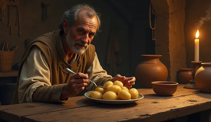 Person eating potatoes in the middle ages 