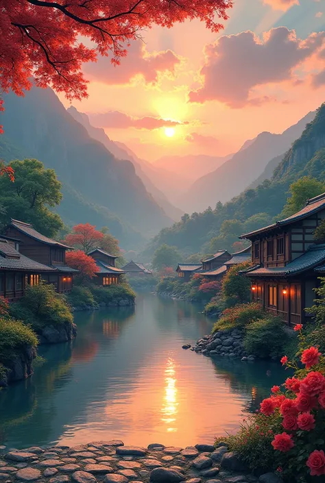 detailed_faceJapaneseintricate_details_Amazingbest_quality_1.4_ultra_highres_1.2_photorealistic_1.4_8k_RAW_pa small village by the river, mountains in the background, floral flowers colorful, detailed landscape, Beautiful natural landscapes, atmospheric li...