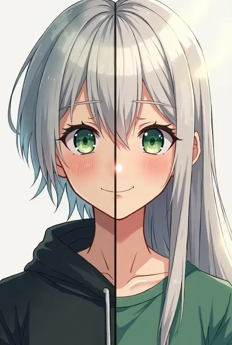 two people in one photo,  teenagers,  the photo split in half, in one half, A boy, and in the other one a girl ,  both with white hair and green eyes,  besides freckles and being anime-style , they have a confident look ,  she smiles confidently in her hal...