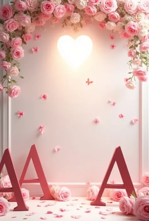 Create a romantic and elegant scene with a backdrop featuring soft pink and white roses hanging at the top, with petals gently falling down. In the center, place two large letter As in dark red or maroon on either side, with a large heart symbol in the mid...