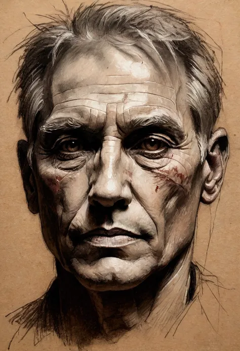  A portrait sketch created with bloody chalk , showing soft, textured lines ,  with soft, warm tones that represent shadows and reflections on a human face