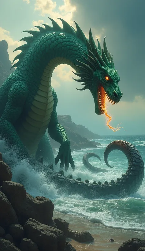 A majestic dragon with shimmering emerald scales and piercing golden eyes stands tall, its wings unfurled, casting a shadow over the rocky shoreline. Across from it, an ancient octopus emerges from the depths of the sea, its dark, ink-black tentacles curli...