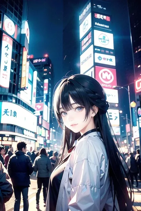 A close-up shot of a young Japanese woman at Shibuya Crossing, Tokyo, surrounded by neon chaos. Intense blue light beams pierce through her body, illuminating her porcelain skin and dark hair with cool highlights. Her calm expression contrasts with the vib...