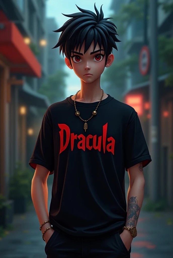 
!3D Anime Boy Gangster

Here is a 3D anime boy vampire gangster standing confidently, wearing a stylish black and red t-shirt with “DRACULA” on it. His faded hairstyle and sharp hairline are highlighted against a gritty urban backdrop, bathed in moody twi...