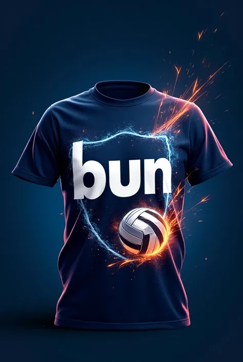 Navy blue sports t-shirt, with rays and sparks ,  volleyball design on the lower right and the letters BUN as a shield