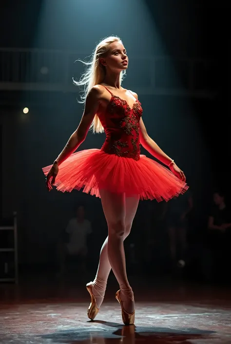 Image of ballerina in white tights and red ballerina skirt, blond hair, large bresat, she is standing in the stage, the stage is in the dark, a spotlight is directed at she, close photo