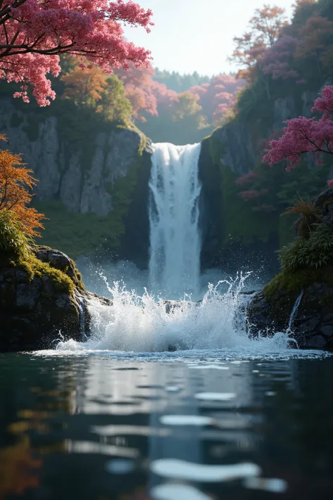 A cinematic macro shot of a water splash at the base of a waterfall, captured with a low-angle perspective for a dramatic view. The scene uses a macro lens to reveal intricate details of the crystal-clear water and mist, creating a vivid, realistic experie...