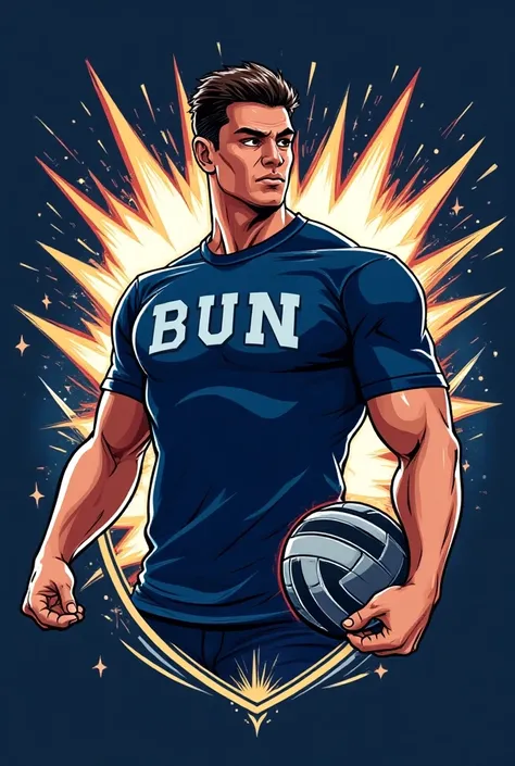 Navy blue sports t-shirt, with rays and sparks ,  volleyball in the lower right part and the letters BUN as a shield