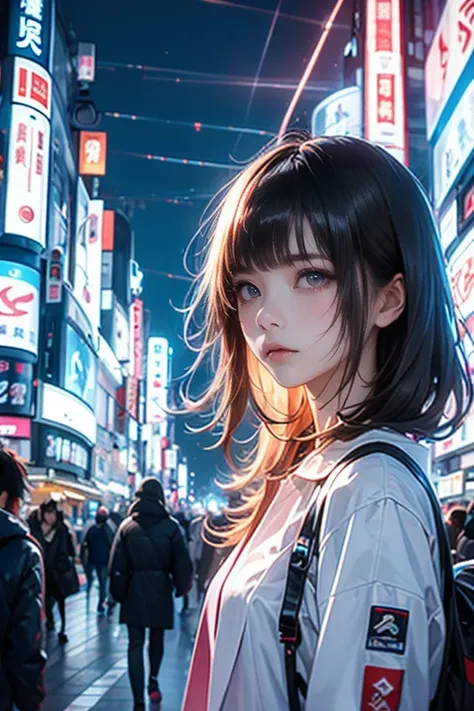 A close-up shot of a young Japanese woman at Shibuya Crossing, Tokyo, surrounded by neon chaos. Intense blue light beams pierce through her body, illuminating her porcelain skin and dark hair with cool highlights. Her calm expression contrasts with the vib...