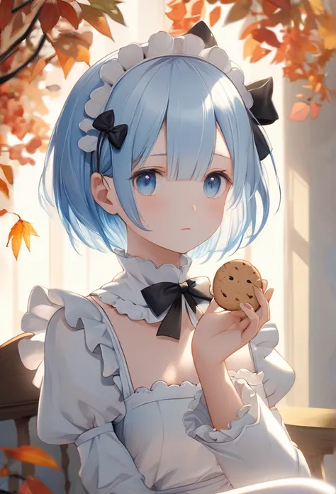 Upper body close-up（((masterpiece), on)"rem (re:zero),
, a young woman with short blue hair, sits gracefully in a tranquil indoor setting. She is dressed in her iconic black and white maid outfit, which features a high collar, frilled sleeves, and lace det...