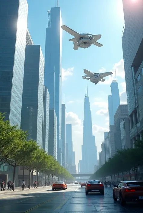  A futuristic city with glass skyscrapers ,  flying cars and robots walking the streets. The sky has floating solar panels .