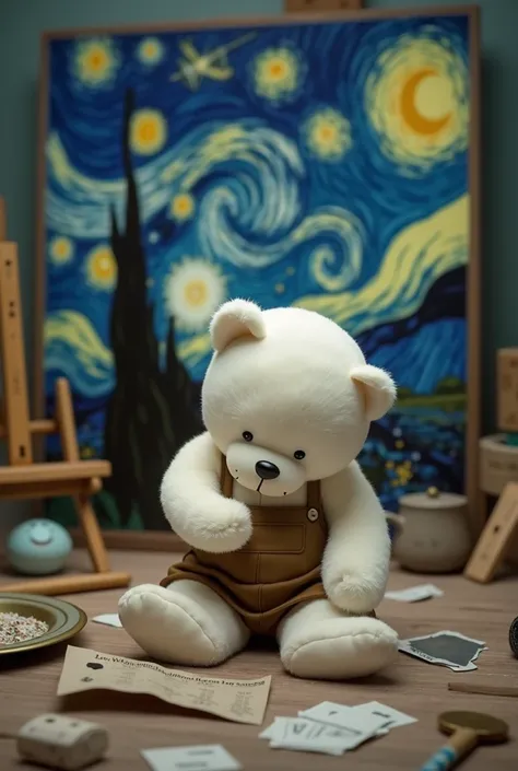 a white teddy bear that is hunched over crying on his side with a brown apron and things of art around him with Van Gohs starry night in the background