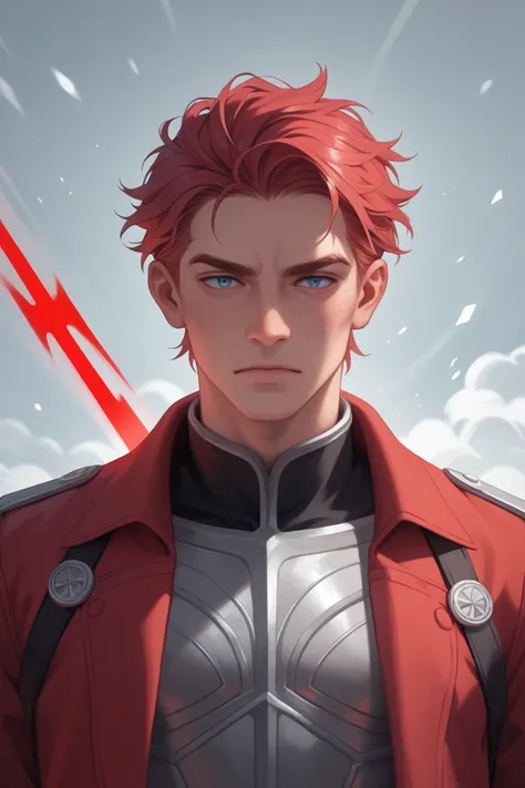 A 28-year-old anime-style male character with hair that’s short on the sides and long on top, styled in layers that gradually get longer towards the back. His hair transitions from black at the roots to a cool white at the tips, giving him a striking and e...