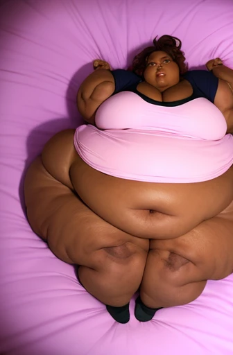 Extremely obese African-American woman, belly hanging, ((extremely obese)), belly sagging, loose collar on shirt, wearing a pink crop top with long sleeves and black tights with a skirt on top, (dark brown skin), fat blob, fat arms, fat face, fat limbs, la...