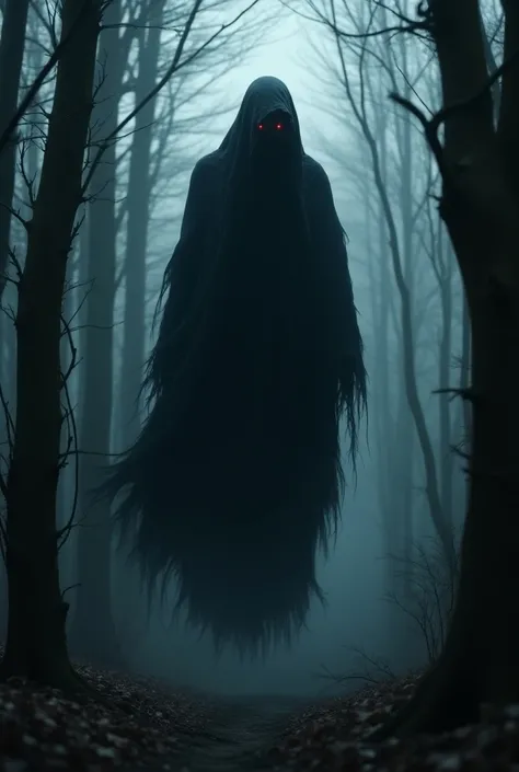 The figure is now much clearer, floating between the trees and drifting closer to the viewer. Its face is shrouded in shadow, but the hollow, glowing eyes are intense, filled with a timeless sorrow or perhaps malice. The tattered cloak billows as if caught...