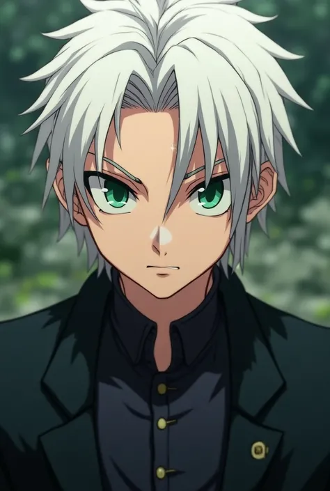 A boy, Serious, Confidant, middle-aged, green slanted eyes, white hair, parts, a scar across his right eye,  anime style