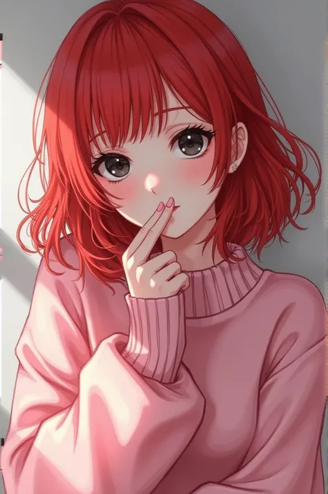 Female anime girl with red hair light skin black lenses pink sweater for profile photo 