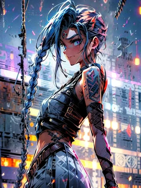 Jinx, League of legends , Arcane. She is on a worn-out pier , near a  wearhouse , industrial steampunk is the theme.There is multiple airships but the dock. Jinx is holding a minigun that is styilised.
Time of day: Fading light of a sunset on the verge of ...