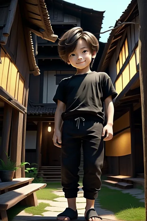 Boy standing alone in a wooden village , Her hair is short, Wear a t-shirt and black box pants , 
whole body,  viewers from below, smile,
 soft lighting and detailed surroundings 、 to create an immersive environment where your imagination wafts free,
 Hype...