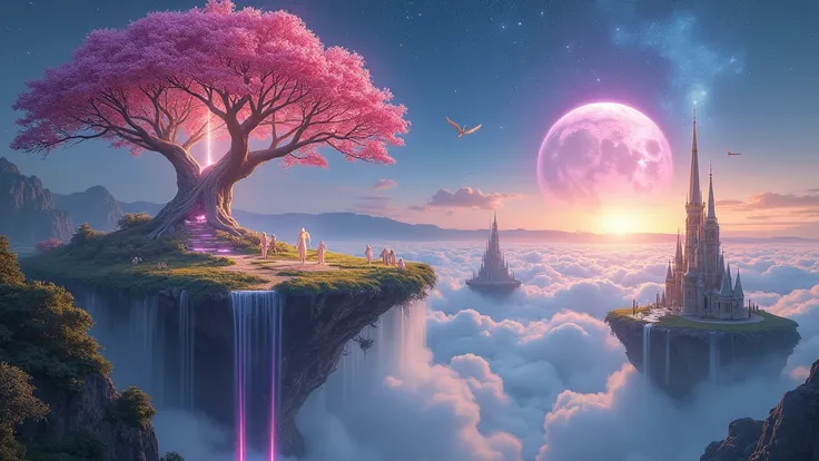 "Imagine a floating world above the clouds, where islands suspended in the sky are covered in mystical, exotic gardens. At the center, a colossal crystal tree emits an arcane glow, reflecting the colors of a rainbow that never fades. Ethereal, luminous bei...