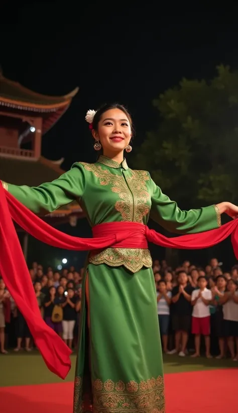 a beautiful young woman with a Sundanese Indonesian face with dimples on both cheeks, a sharp nose, 26 years old, smiling at the audience, wearing a traditional Indonesian kebaya, green in color and wearing a red scarf tied around her waist, like a jaipong...