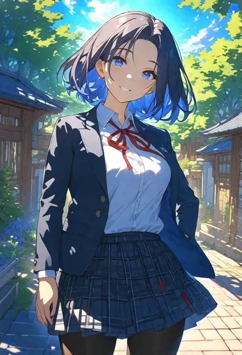 nsfw, masterpiece, hdr, bloom, 4k, anime-style illustration featuring a beautiful female student with dark blue short hair, the ...