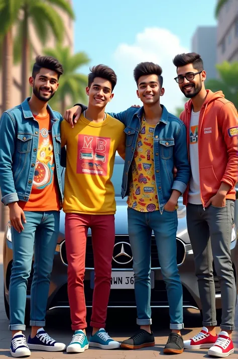 Make me a picture. In which there are 4 friend of 18 years old. In colorful clothes,  their name is "Ahmed", Rehan, "Saad", "Arman". And a nice car is behind them.Do you want a name written or designed on the clothes? Please specify what type of clothing y...